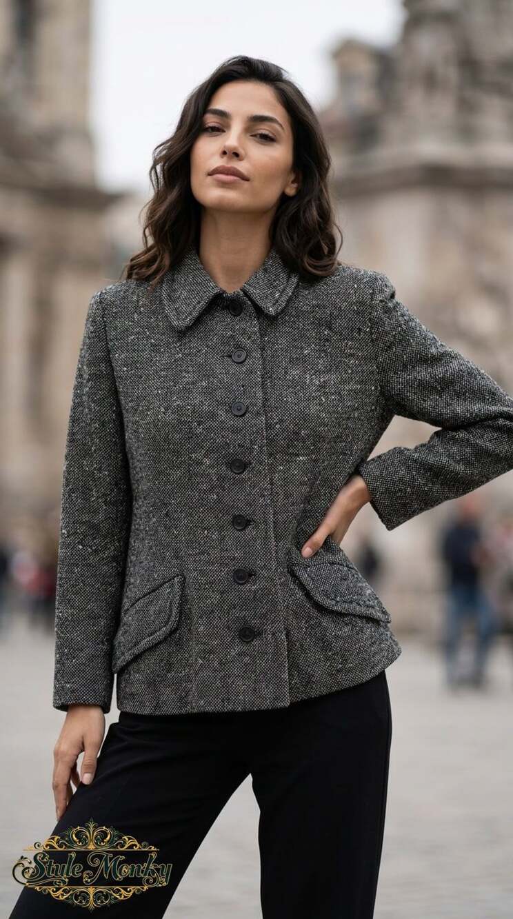 Vintage Nordstrom Black and White Tweed Collared Button-Up Wool Jacket